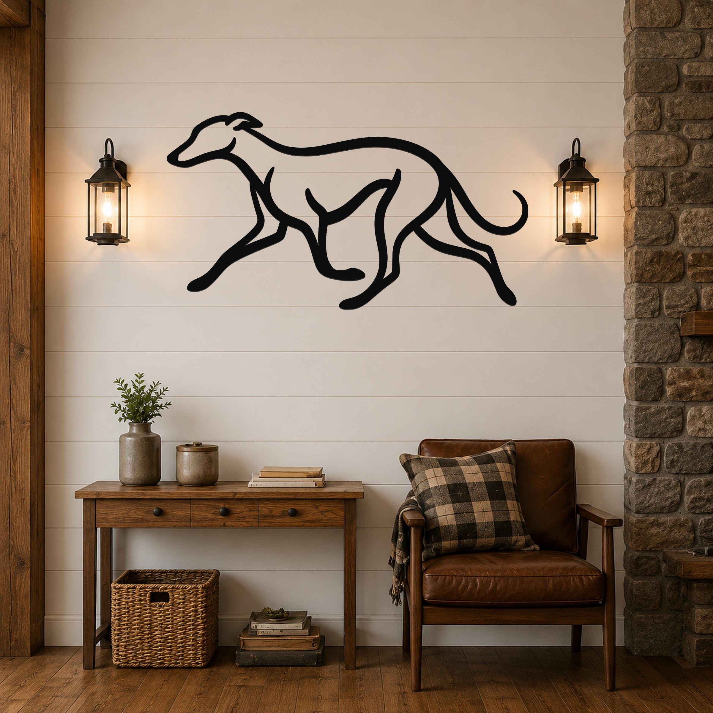 Black metal greyhound wall art with motion-line cutouts, mounted above a wooden console table in a living room.