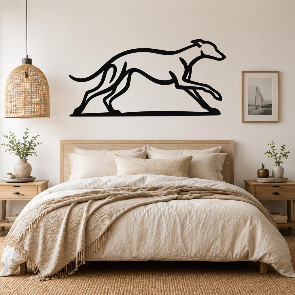 Black metal greyhound wall art with motion-line cutouts, mounted above a bed in a neutral bedroom.