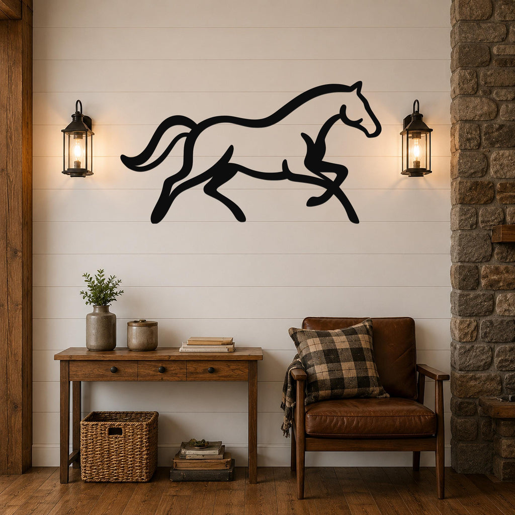 Black metal horse wall art with motion-line cutouts, mounted above a wooden console table in a rustic living room.