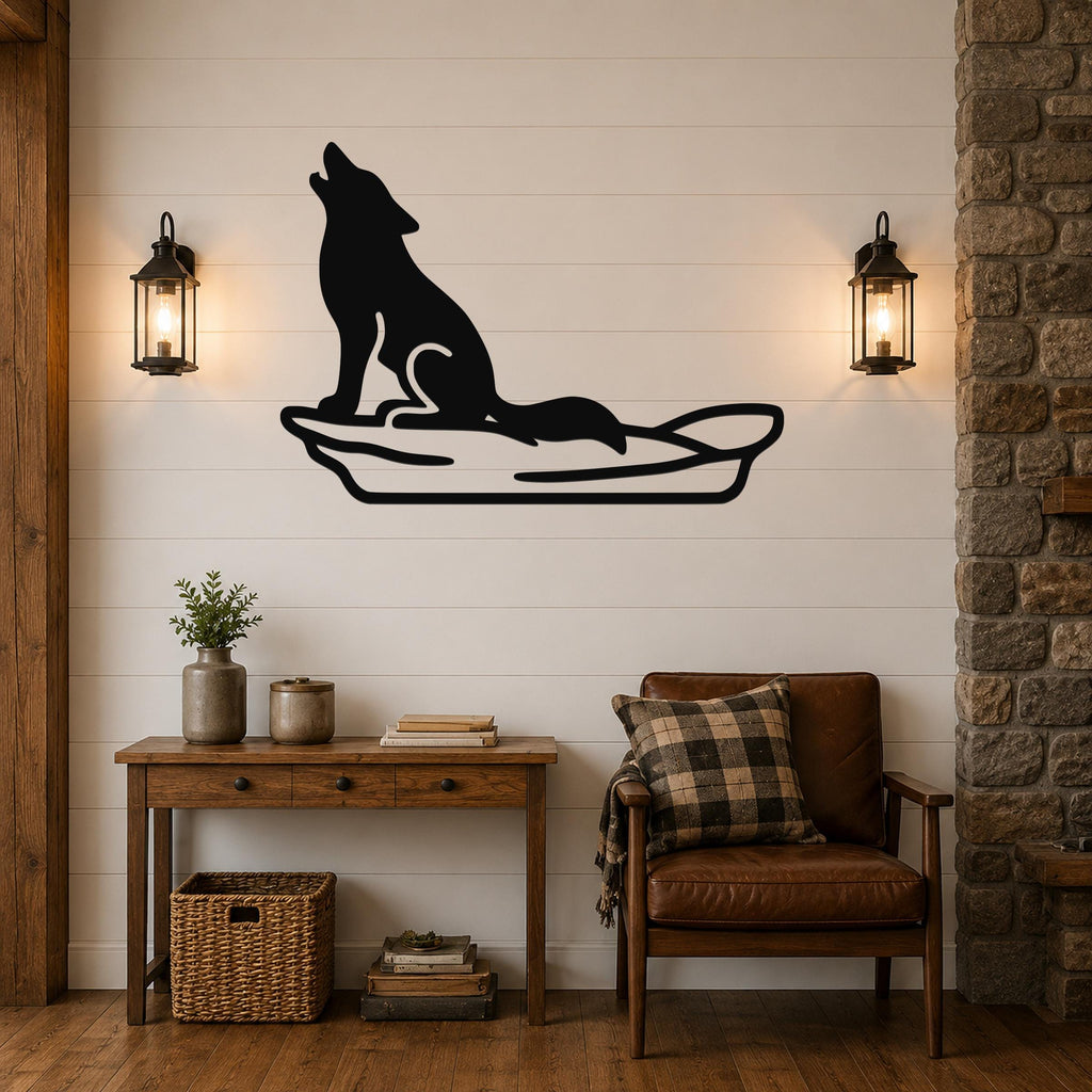 Black metal coyote wall art in a howling silhouette, mounted on a shiplap wall above a wooden console table in a living room.