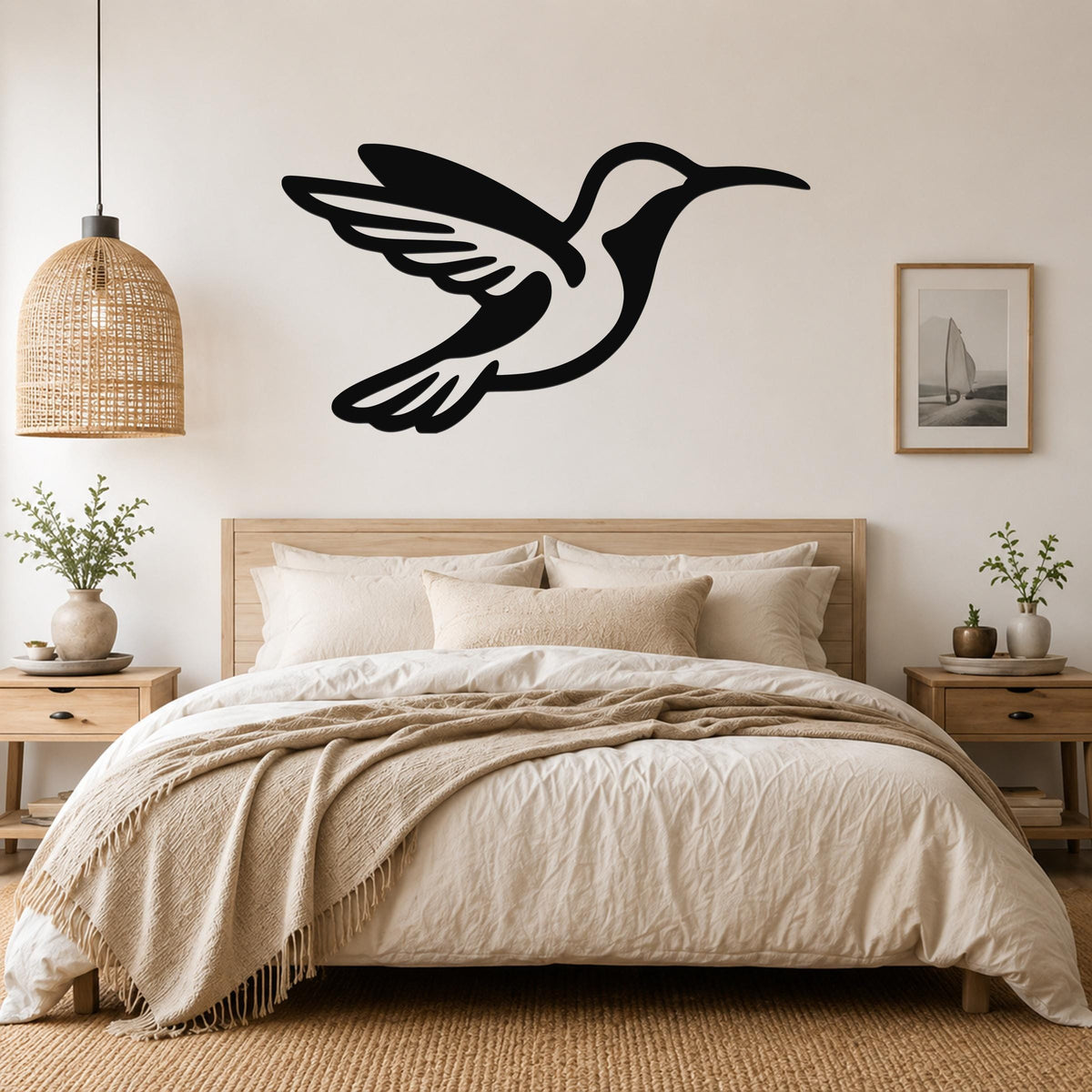 Black metal hummingbird wall art with wing and tail cutouts, mounted above a bed in a neutral bedroom.