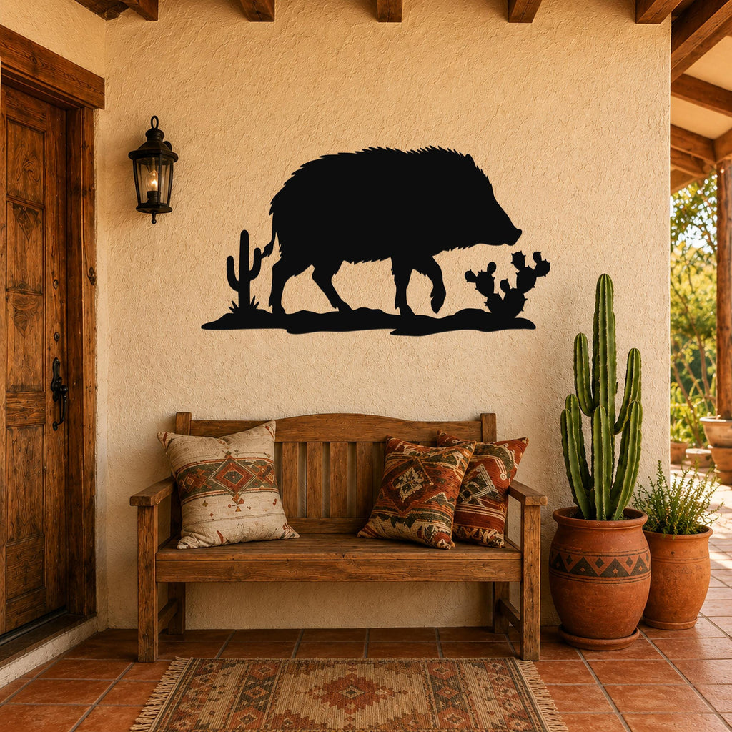 Black metal javelina wall art with cactus cutouts, mounted above a wooden bench on a stucco wall in a rustic patio entryway.
