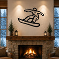 Black metal wall art silhouette of a snowboarder in motion, mounted above a stone fireplace in a cozy living room.