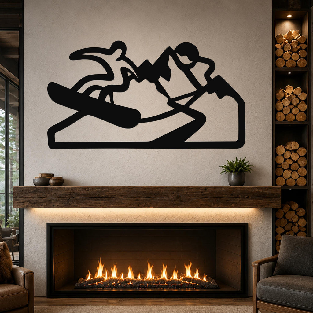 Black metal wall art with a snowboarder silhouette and mountain cutouts, mounted above a fireplace in a living room.