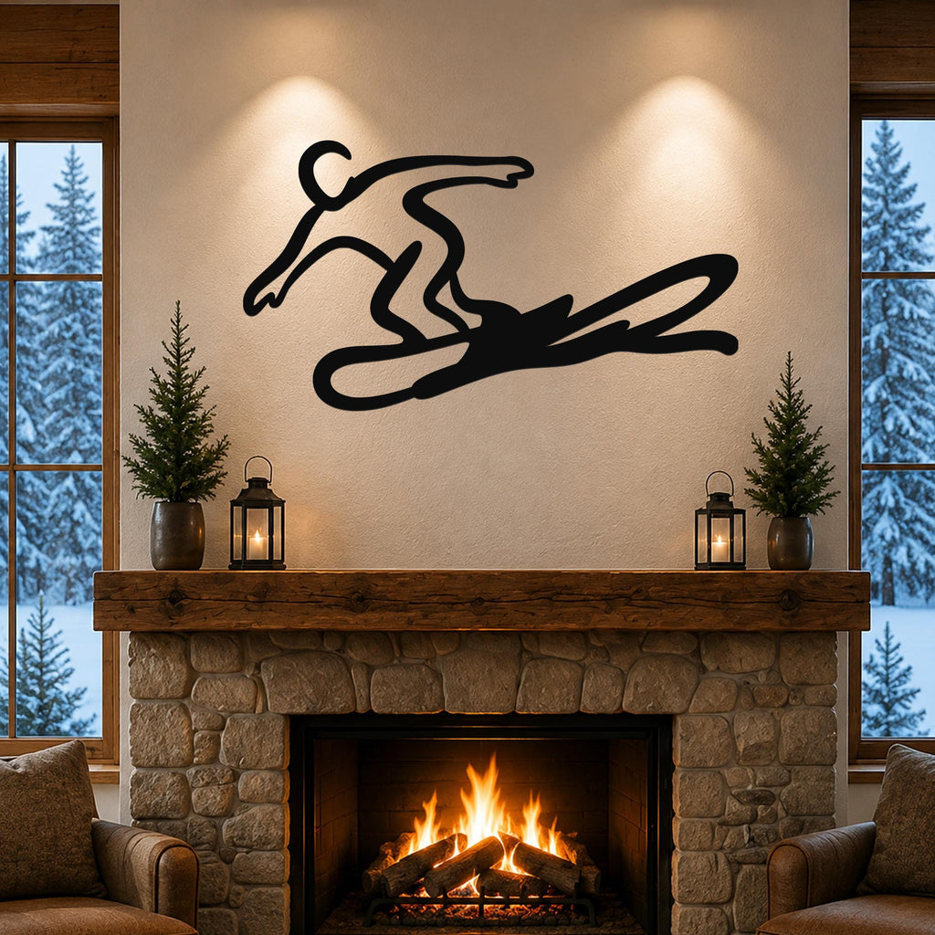 Black metal wall art of a snowboarder silhouette with motion-line cutouts, mounted above a stone fireplace in a living room.