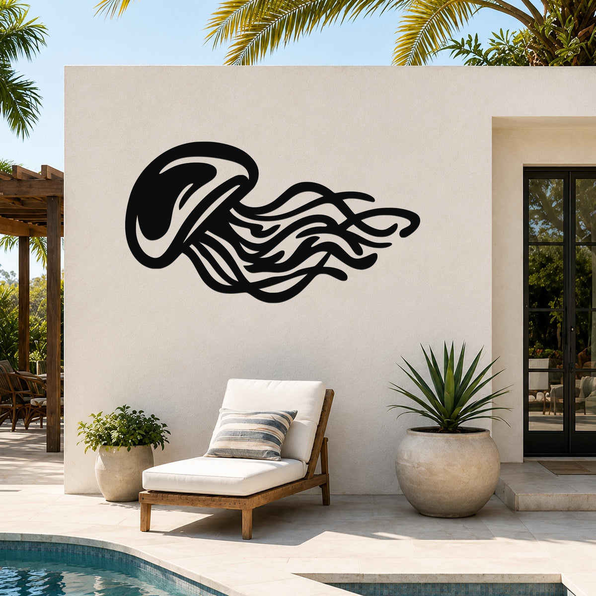 Black metal jellyfish wall art with flowing tentacle cutouts, mounted on a white outdoor wall beside a pool and lounge chair.