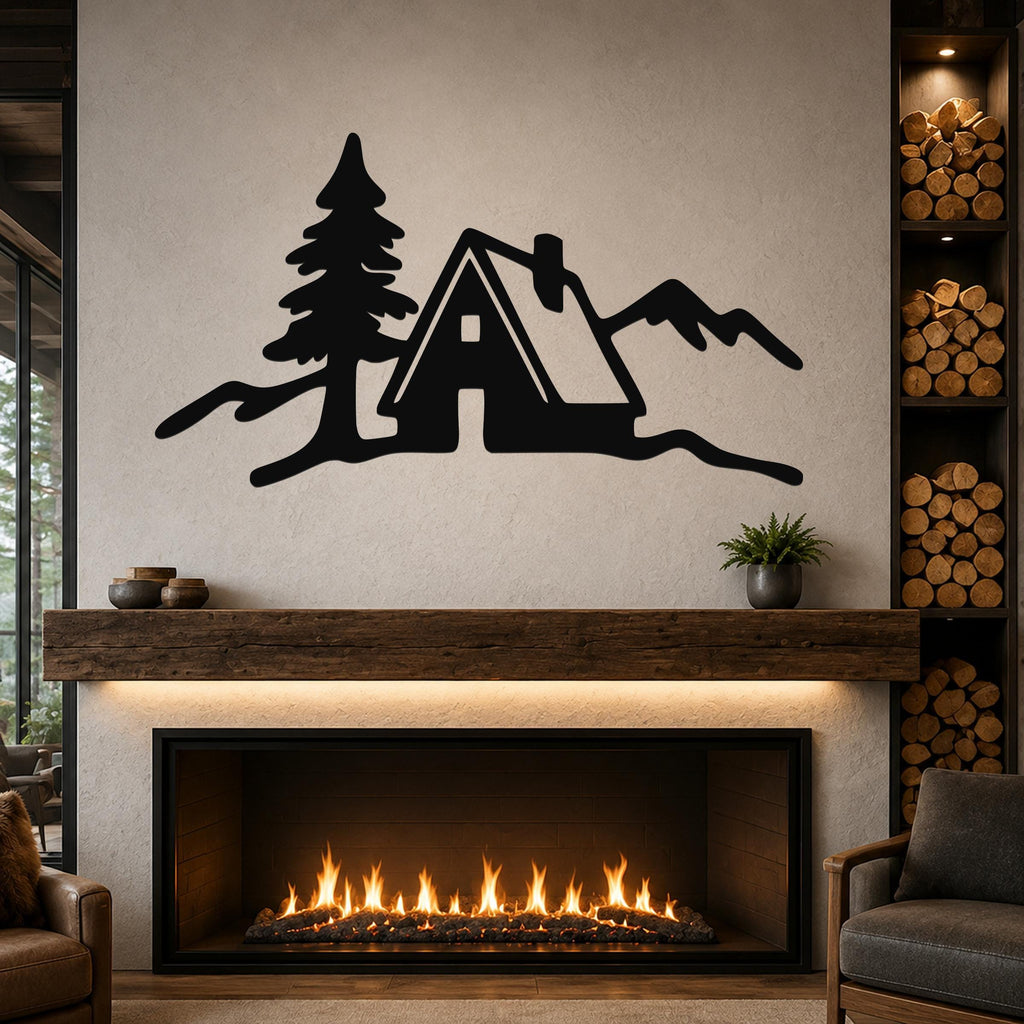 Black metal wall art with a mountain cabin and pine tree silhouette, mounted above a fireplace in a living room.