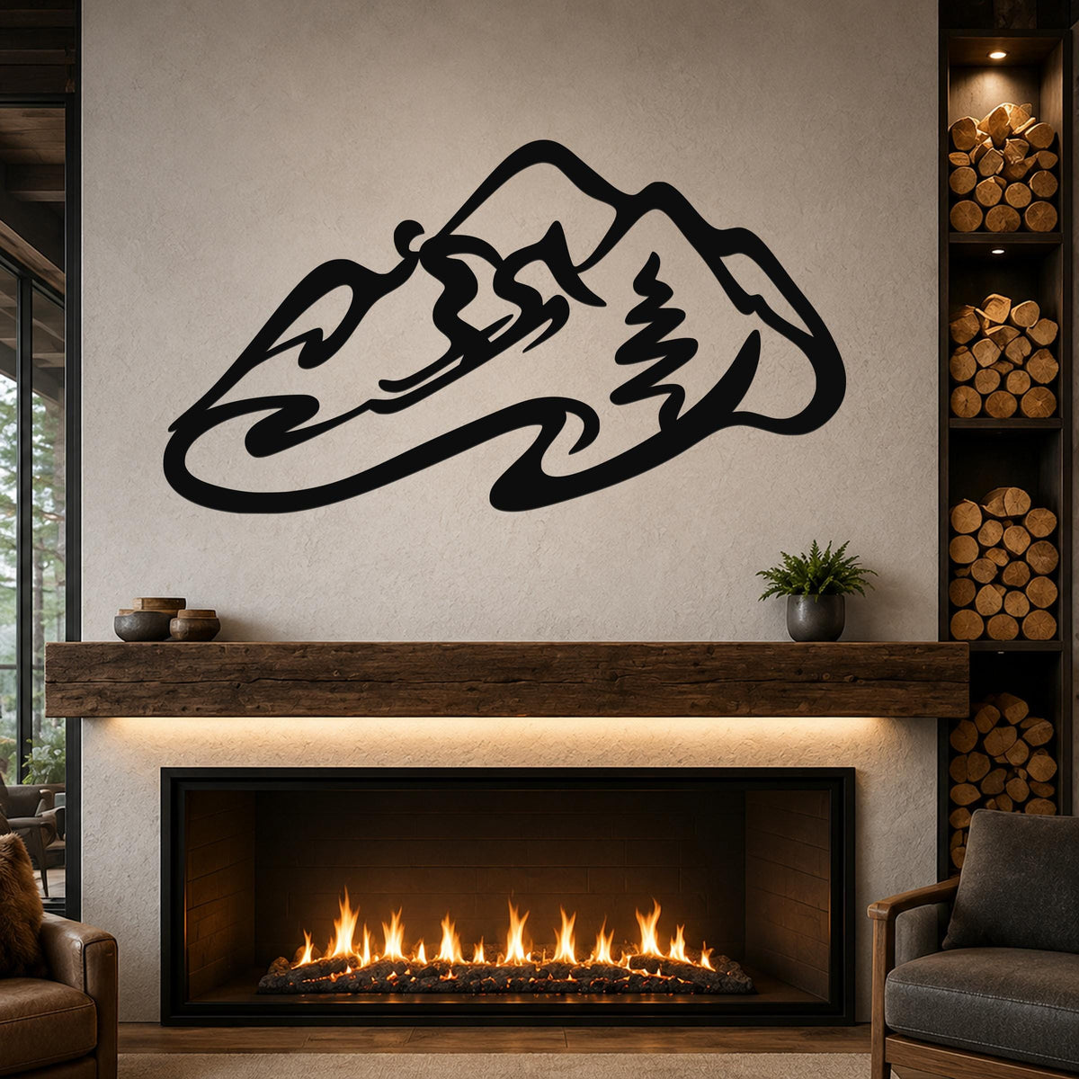 Black metal wall art with a minimalist skier silhouette and mountain outline, mounted above a fireplace in a living room.