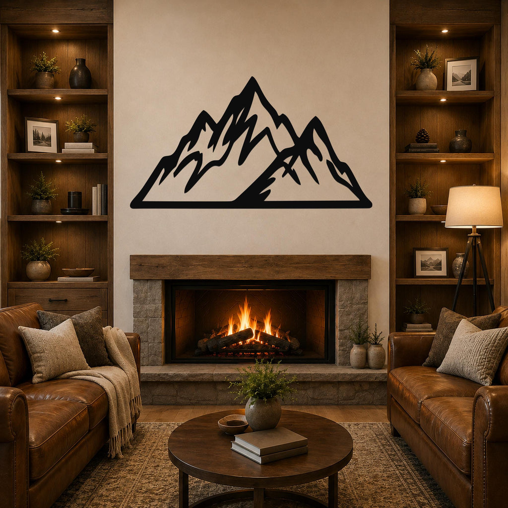 Black metal mountain silhouette wall art with jagged peaks, mounted above a stone fireplace in a rustic living room.