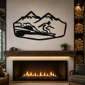 Black metal wall art with a snowboarder silhouette in motion, mounted above a fireplace in a living room.