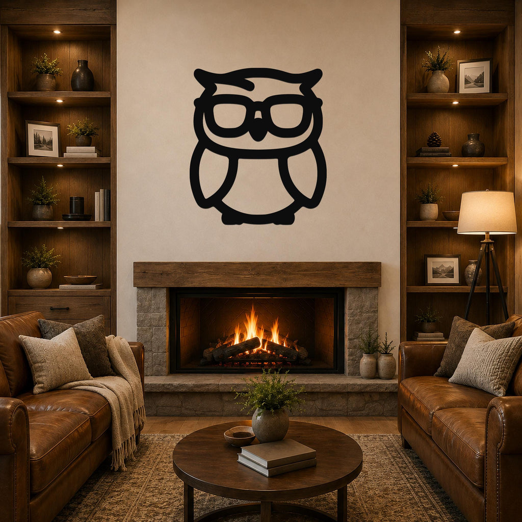 Black metal owl wall art with glasses silhouette, mounted above a fireplace in a rustic living room.