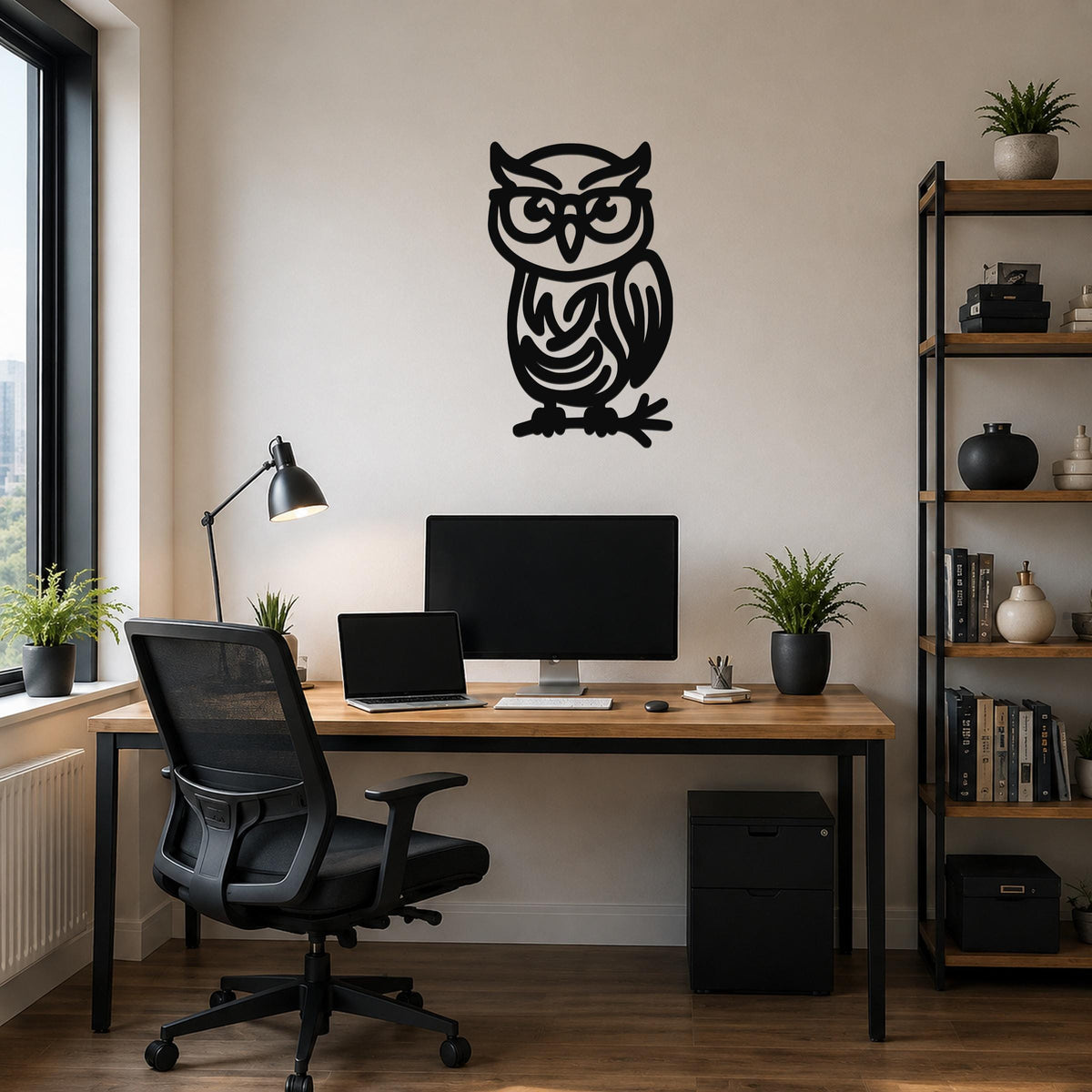 Black metal wall art silhouette of a bespectacled owl with intricate internal cutouts, mounted on a wall above a wooden desk in a home office.