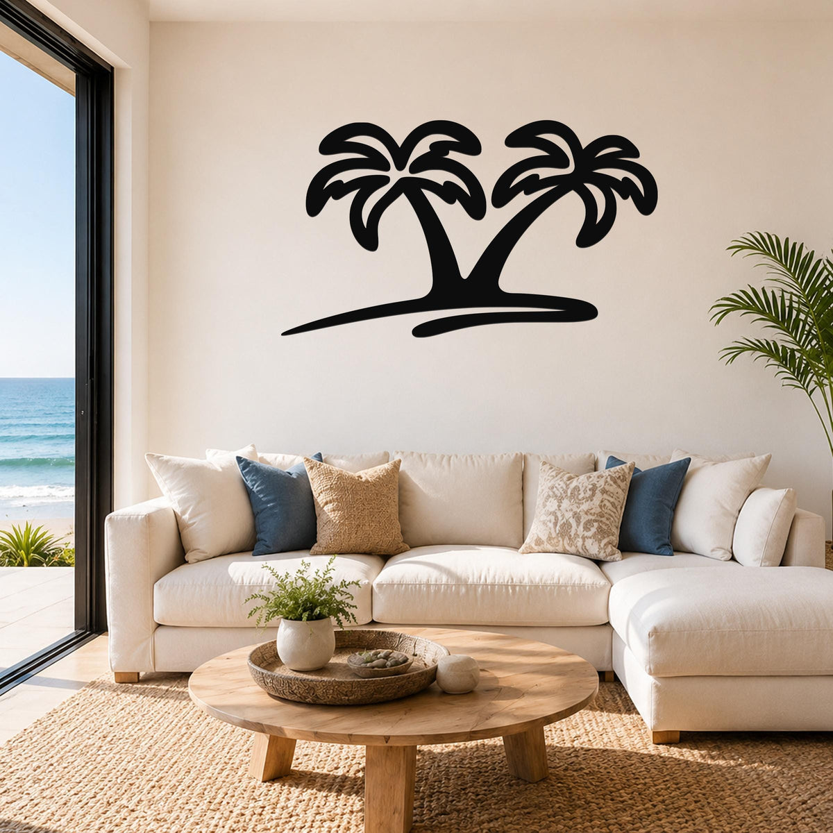 Black metal palm tree wall art with two silhouetted trees and a curved base, mounted above a white sofa in a living room with ocean views.