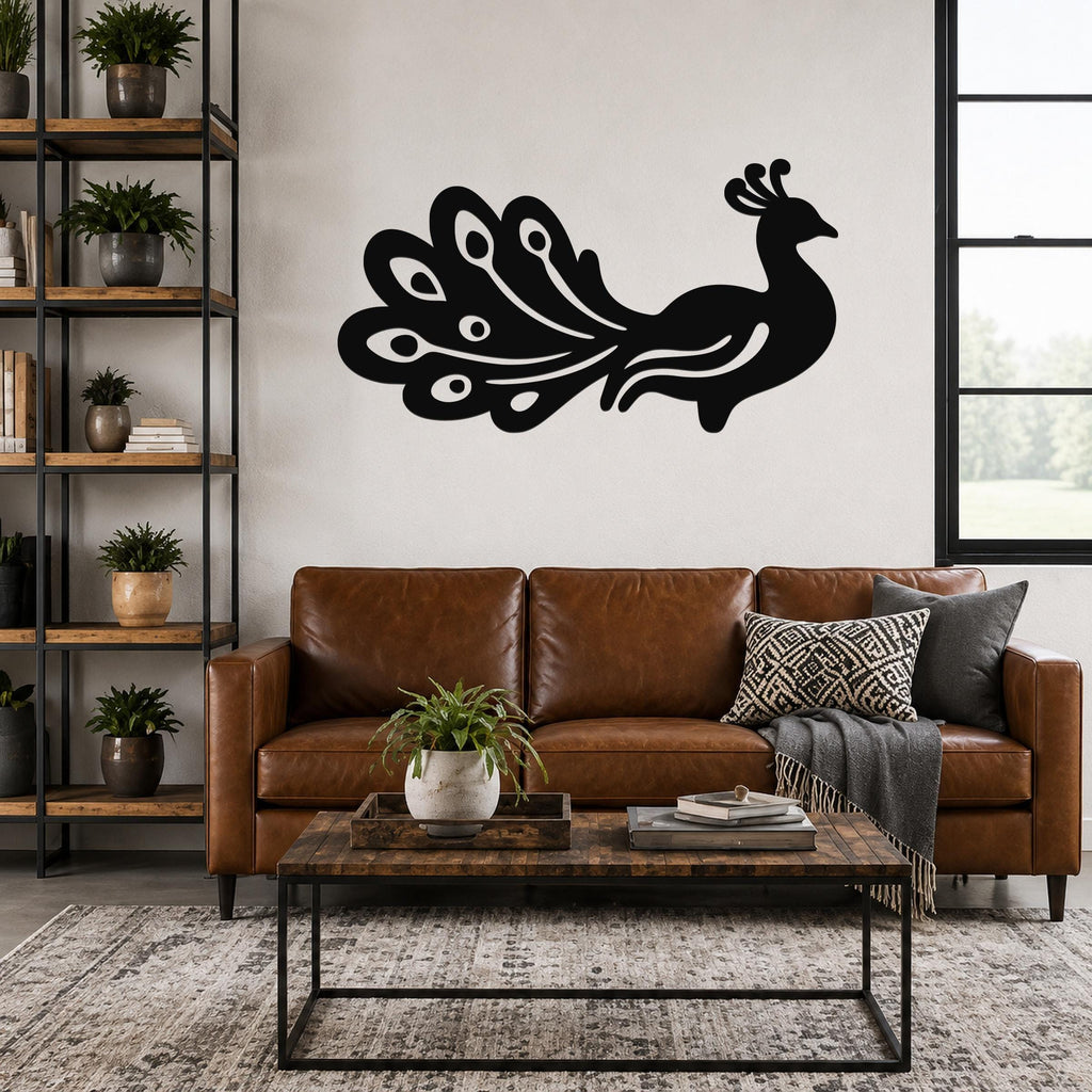 Black metal peacock wall art with detailed feather cutouts, mounted above a brown leather sofa in a living room.