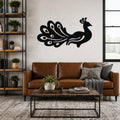 Black metal peacock wall art with detailed feather cutouts, mounted above a brown leather sofa in a living room.