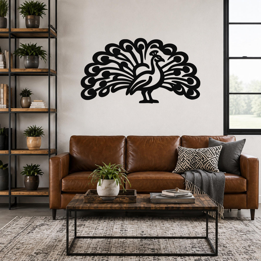 Black metal peacock wall art with intricate feather cutouts, mounted above a brown leather sofa in a living room.