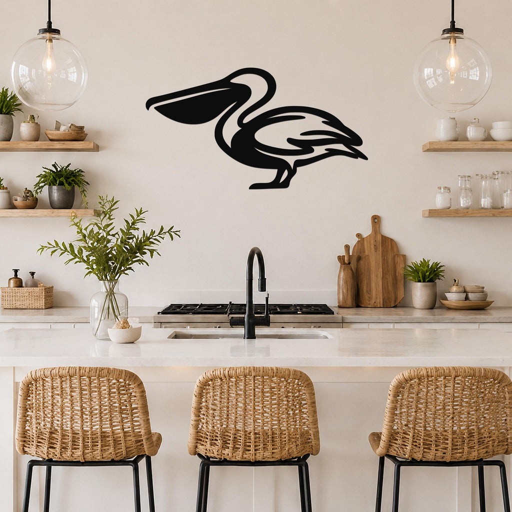 Black metal pelican wall art with a silhouette cutout, mounted on a kitchen wall above a counter with wicker bar stools.