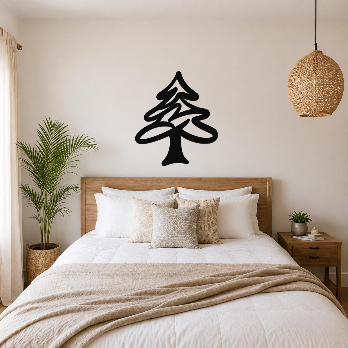 Black metal pine tree wall art with layered branch cutouts, mounted above a wooden bed in a neutral bedroom.