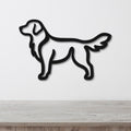 Black metal retriever silhouette wall art with a clean outline, mounted on a white wall above a light wood surface.