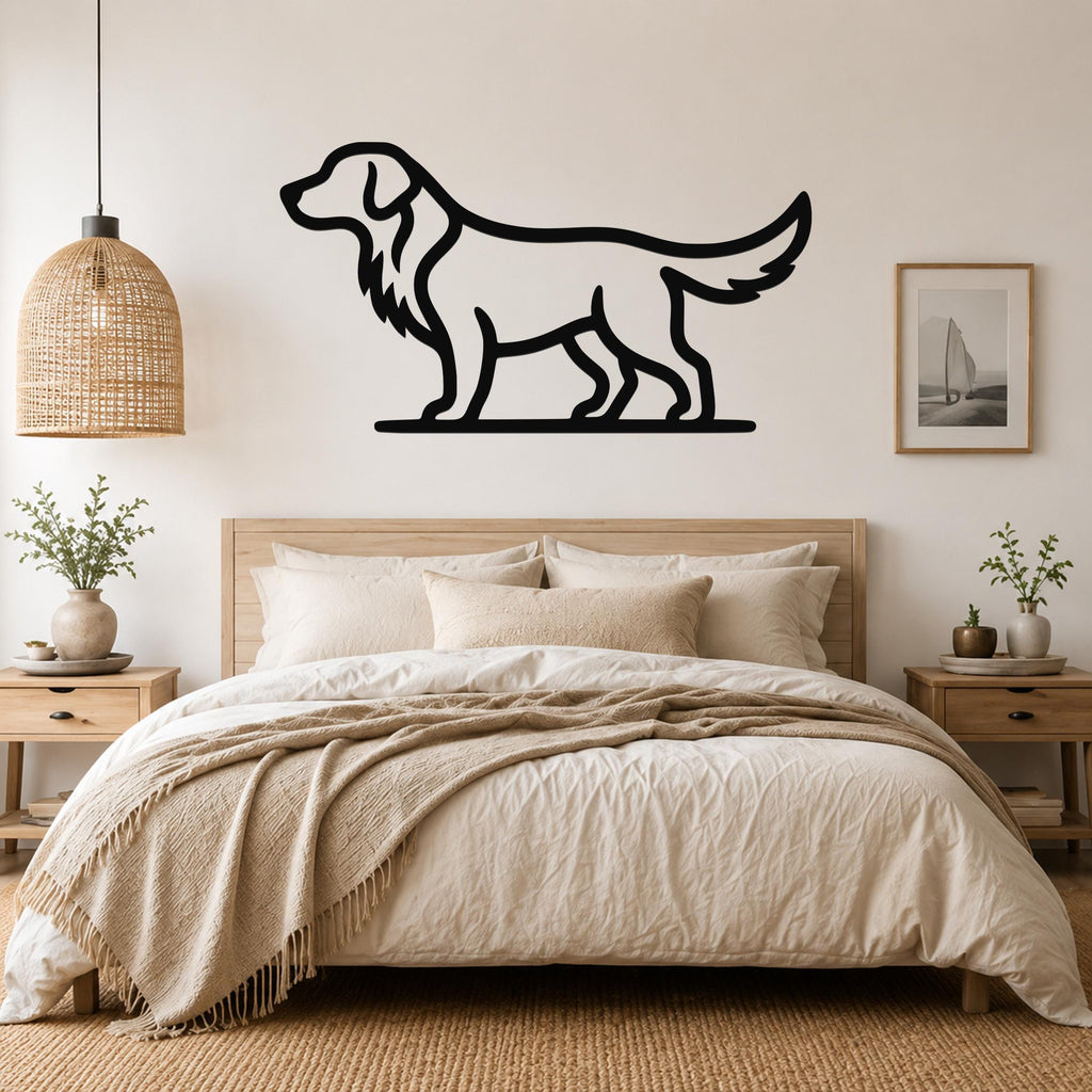 Black metal retriever silhouette wall art mounted above a bed in a neutral bedroom.