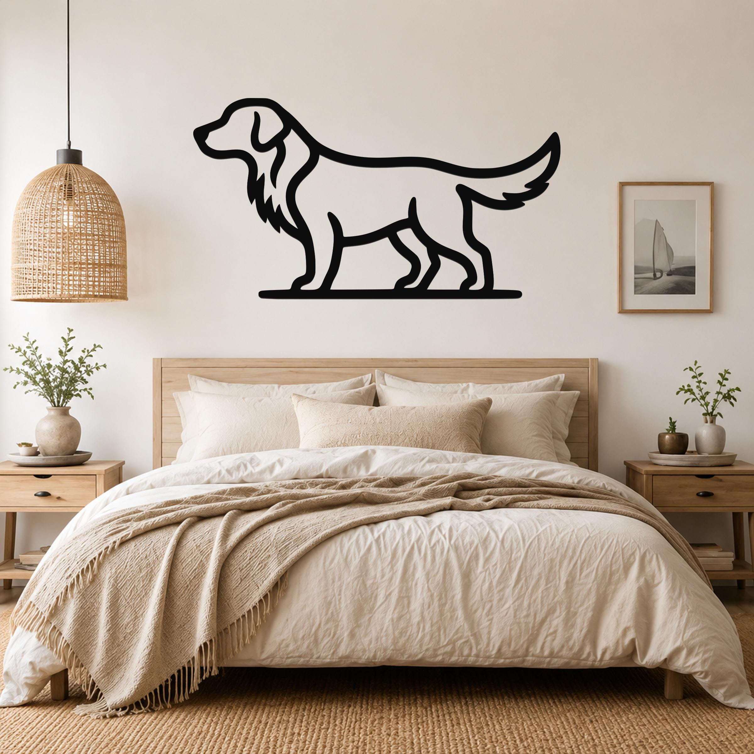 Black metal retriever silhouette wall art mounted above a bed in a neutral bedroom.