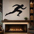 Black metal runner wall art with motion-line cutouts, mounted above a fireplace in a neutral living room.