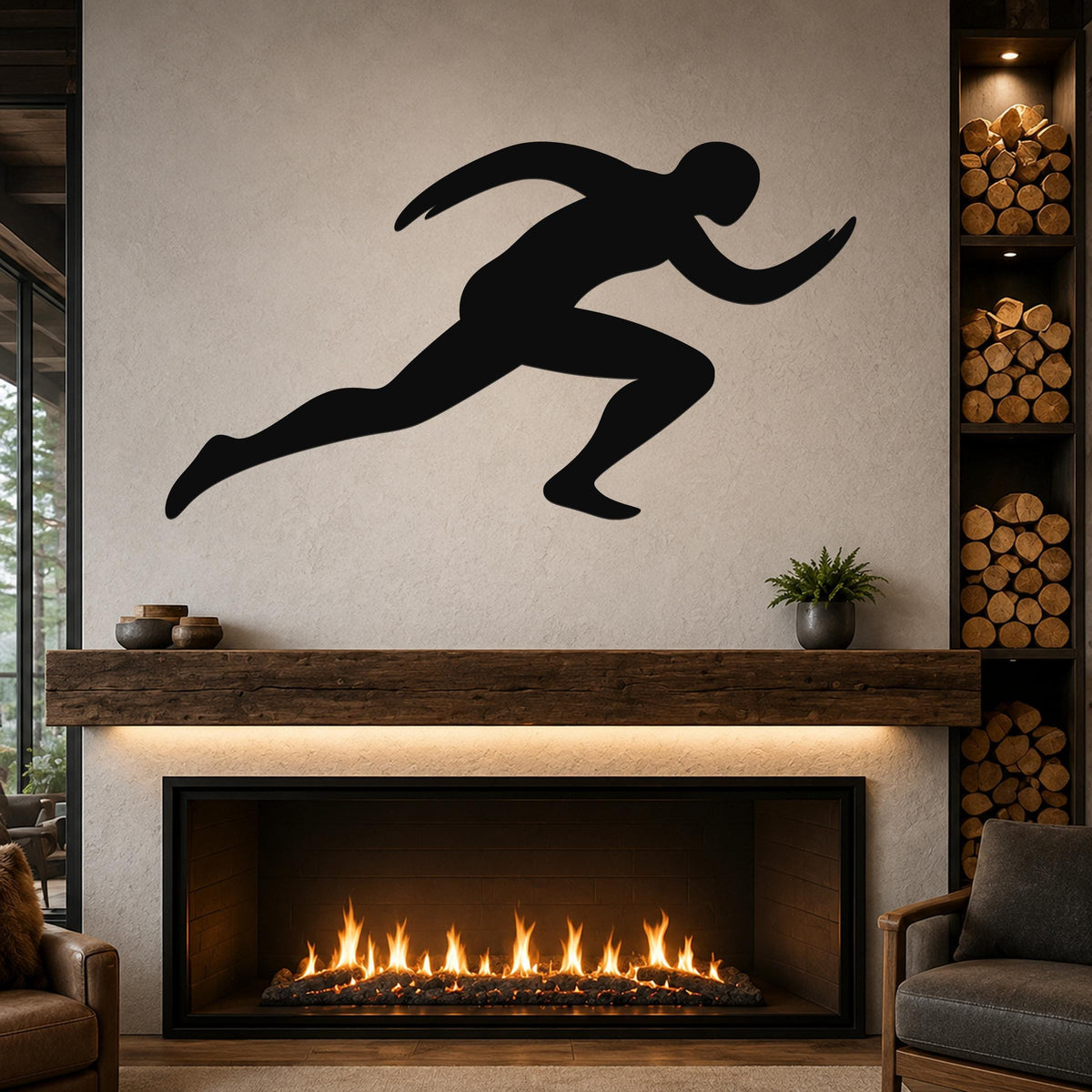 Black metal runner wall art with motion-line cutouts, mounted above a fireplace in a neutral living room.