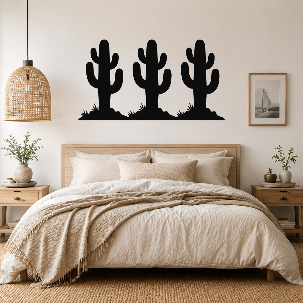 Black metal wall art featuring a silhouette of three saguaro cacti with spines and small plants, mounted above a wooden bed in a bedroom.