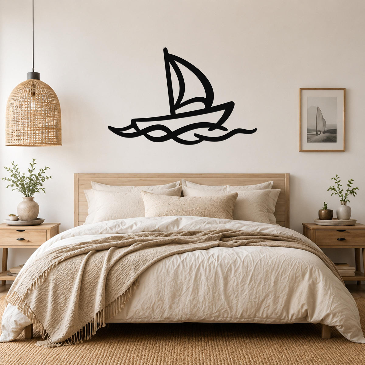 Black metal sailboat wall art with wave cutouts, mounted above a wooden bed in a neutral bedroom.