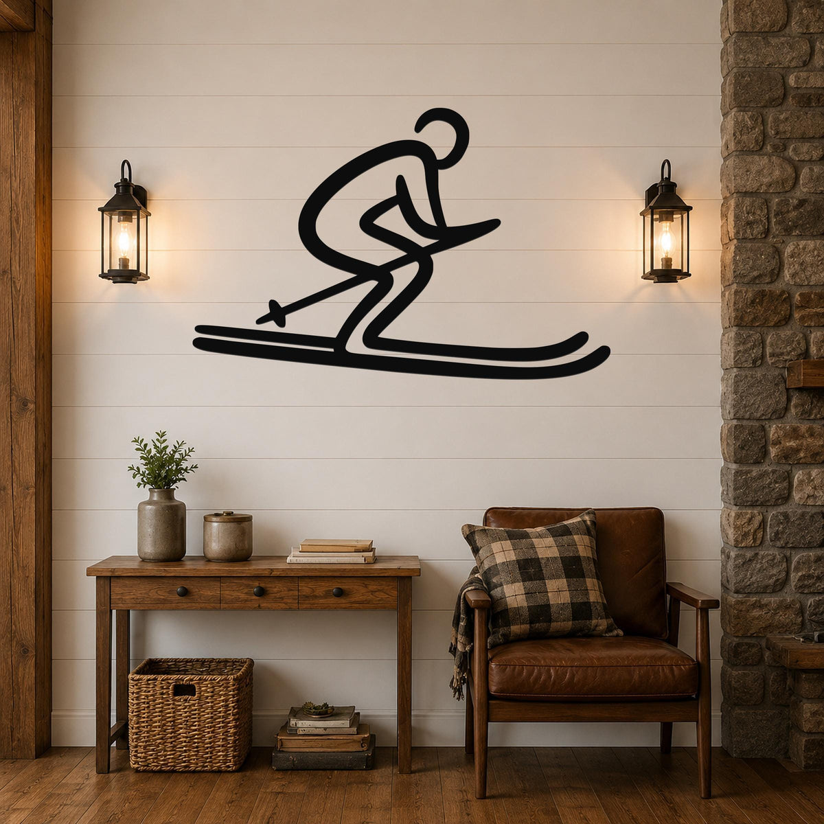 Black metal wall art of a skier silhouette with motion lines, mounted on a shiplap wall above a wooden console table in a living room.