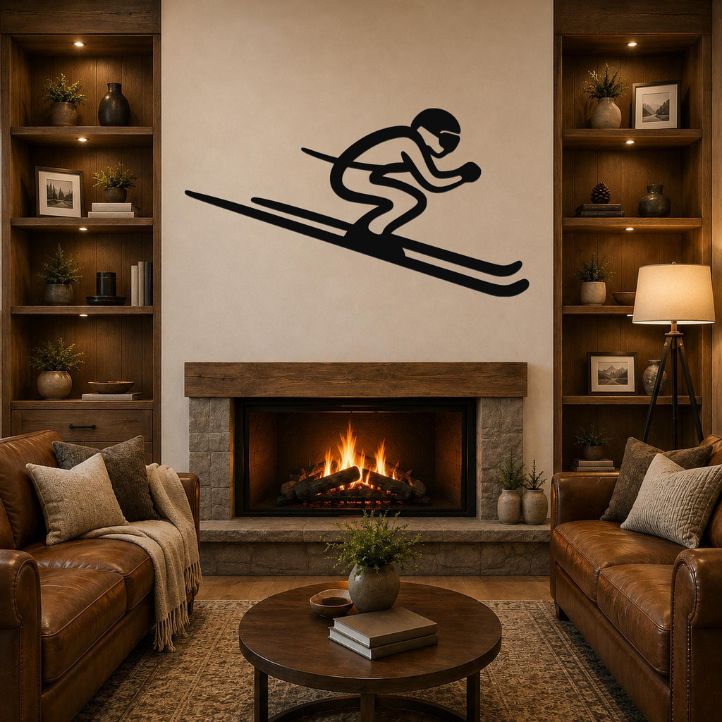 Black metal skier silhouette wall art with motion-line cutouts, mounted above a fireplace in a living room.