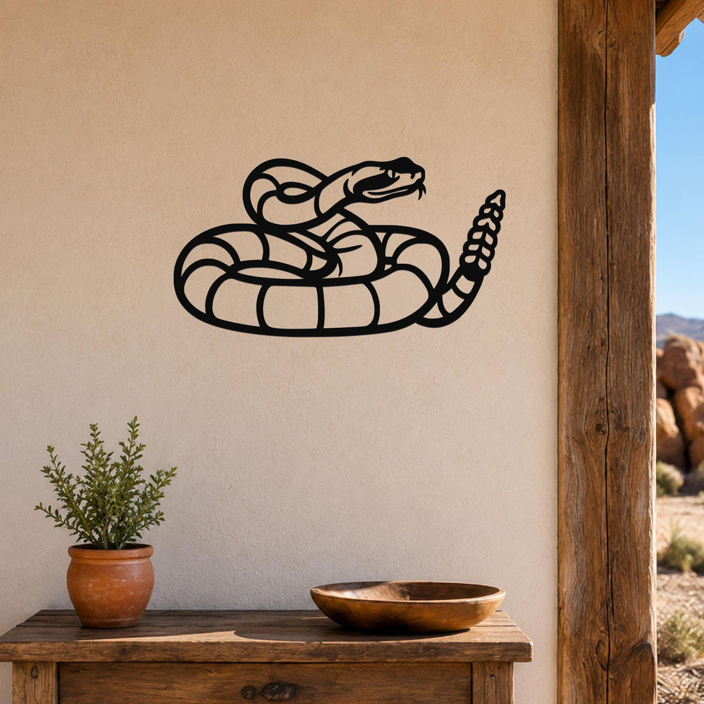 Black metal wall art of a coiled rattlesnake silhouette with detailed internal cutouts, mounted on a beige wall above a wooden table in a rustic outdoor patio setting.