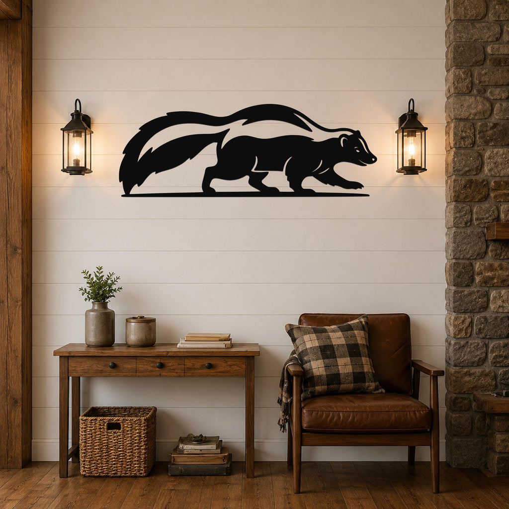 Black metal skunk wall art with a striped tail silhouette, mounted on a white shiplap wall above a wooden console table in a living room.