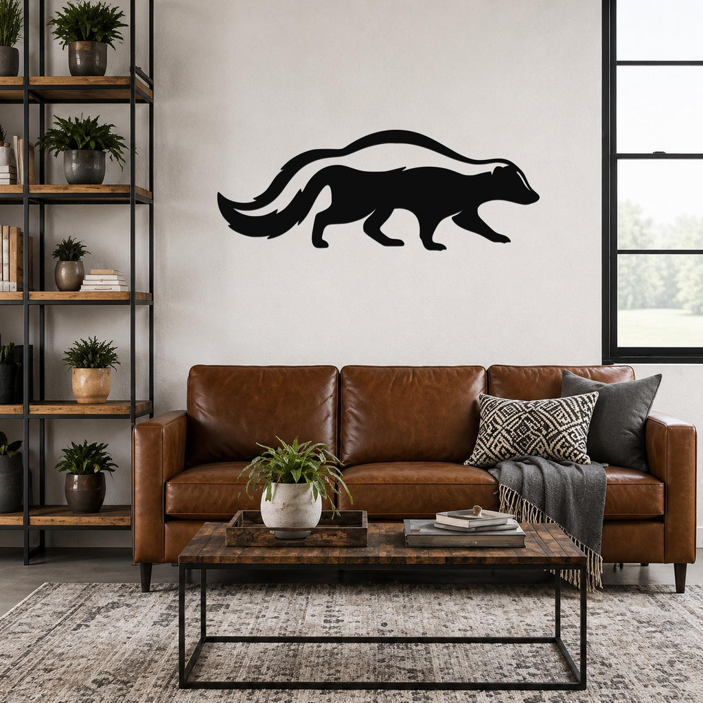 Black metal skunk wall art silhouette with a curved stripe, mounted above a brown leather sofa in a living room.