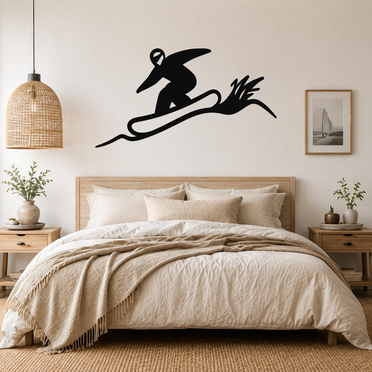 Black metal wall sculpture of a snowboarder in motion, mounted above a bed in a bedroom.