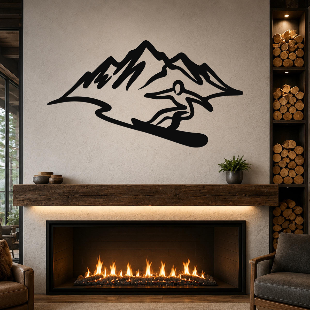 Black metal wall sculpture of a snowboarder in silhouette, mounted above a fireplace in a living room.