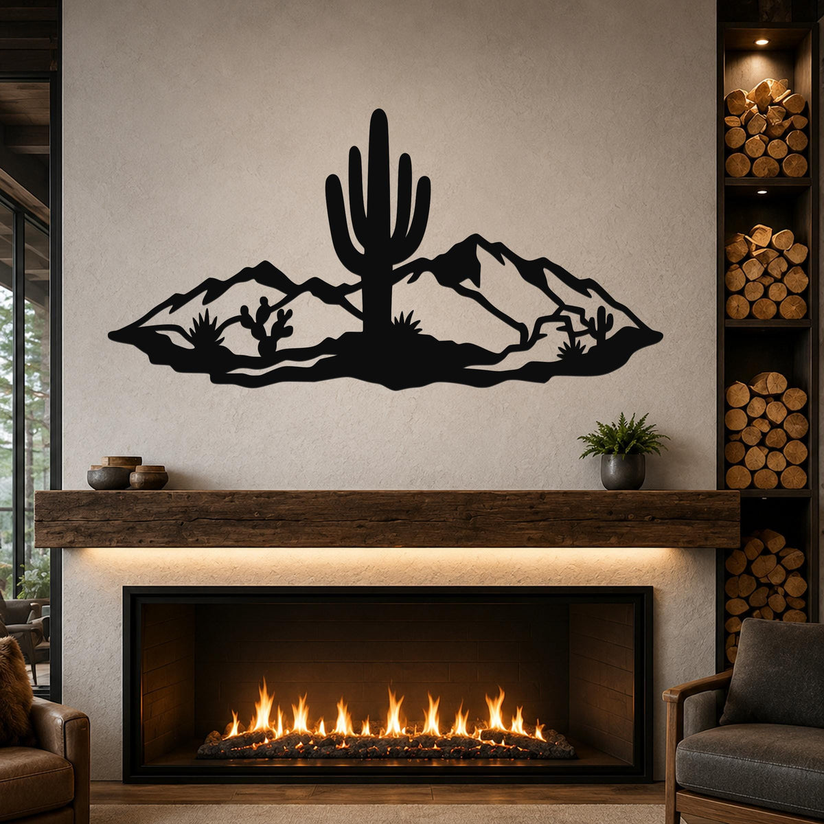 Black metal wall art featuring a desert silhouette with a saguaro cactus and mountains, mounted above a fireplace in a living room.