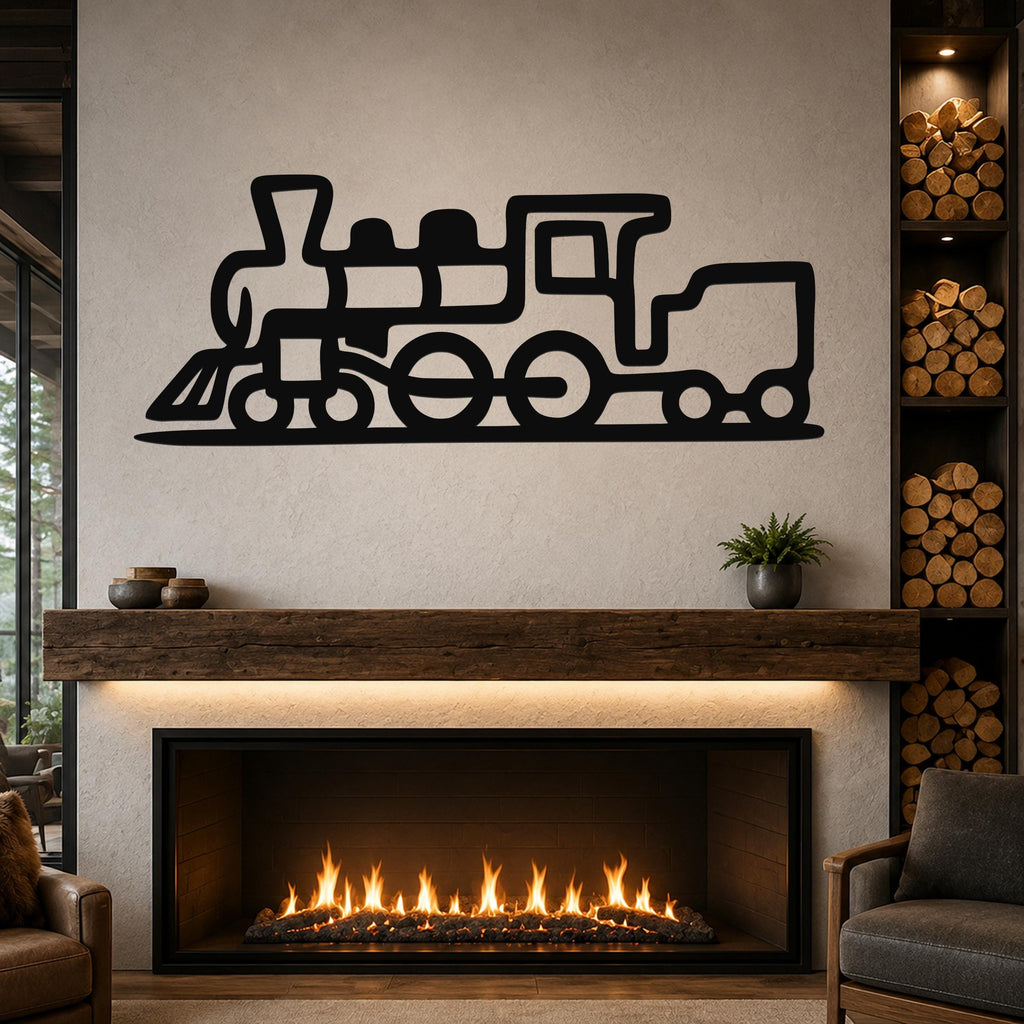 Black metal train wall art with a silhouette design, mounted above a fireplace in a living room.