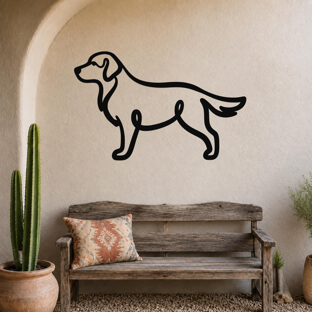 Black metal Golden Retriever wall art in a bold silhouette style, mounted on a textured beige wall above a rustic wooden bench in a sunlit entryway.