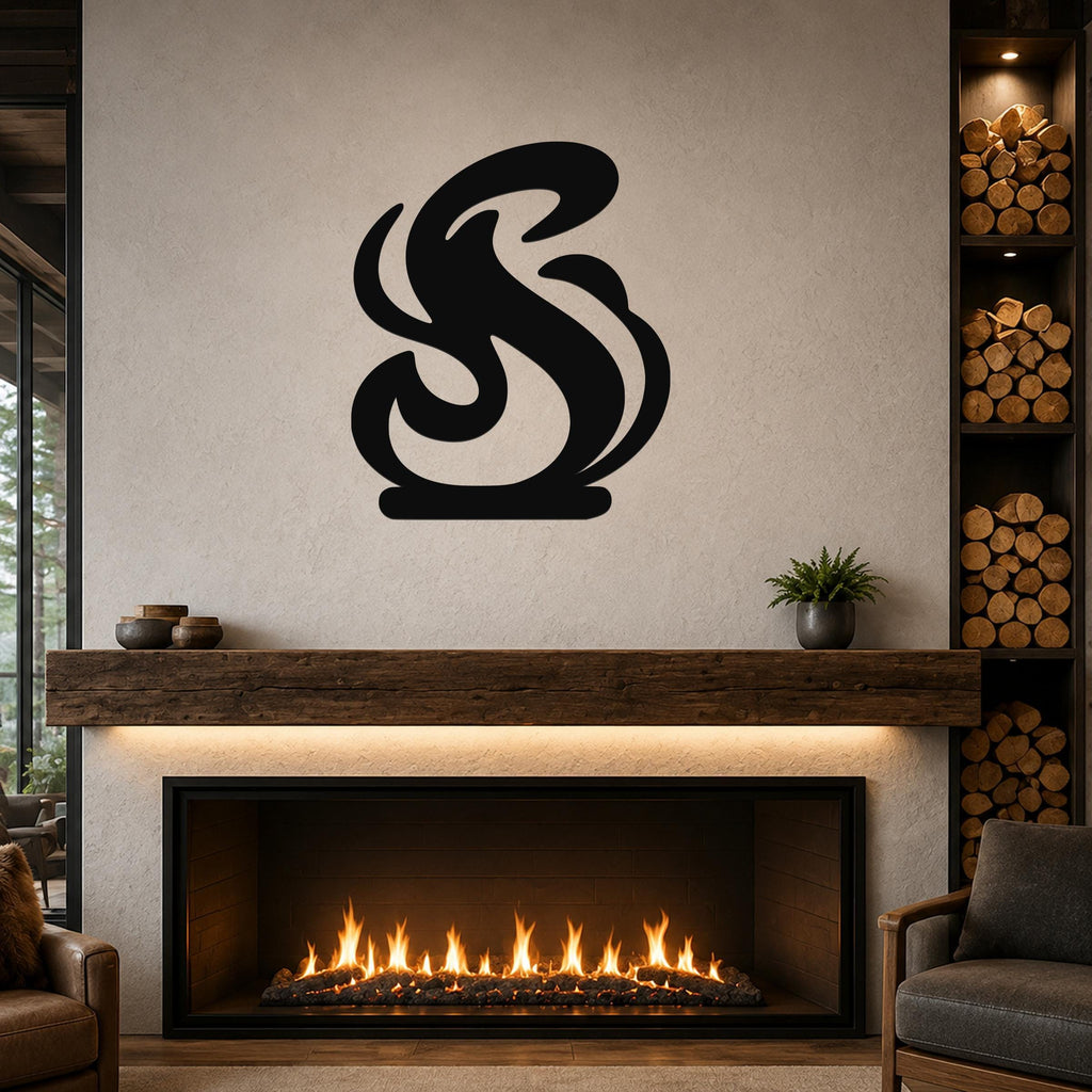 Black metal wall art with a flowing flame silhouette, mounted above a fireplace in a living room.