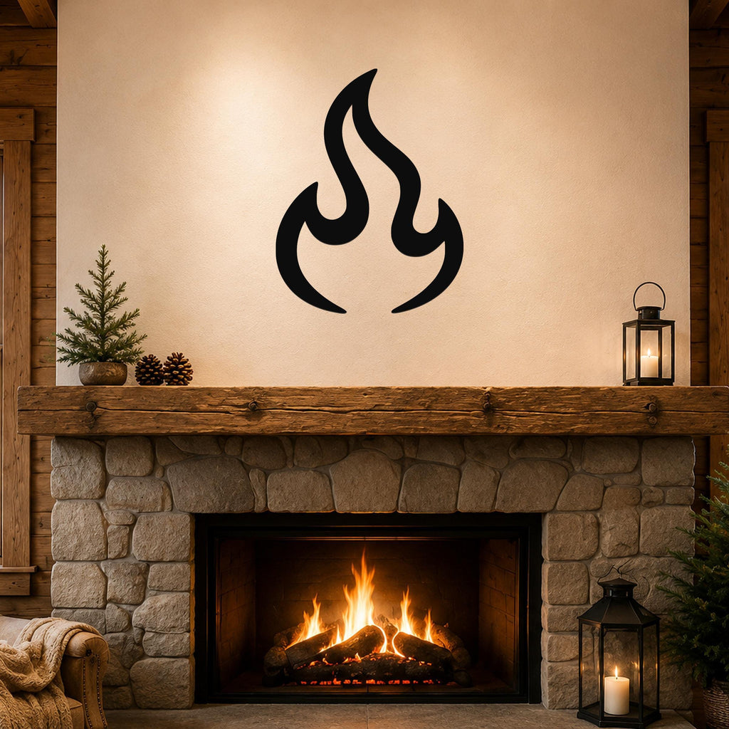 Black metal flame wall art with a bold silhouette design, mounted above a stone fireplace in a rustic living room.