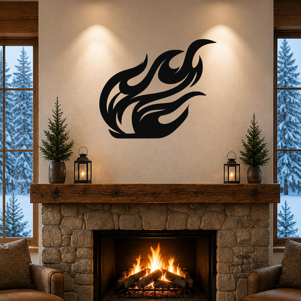 Black metal flame wall art with flowing silhouette cutouts, mounted above a stone fireplace in a cozy living room.