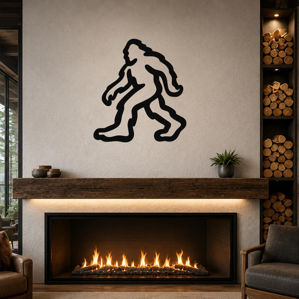 Black metal Bigfoot silhouette wall art mounted above a fireplace in a rustic living room.