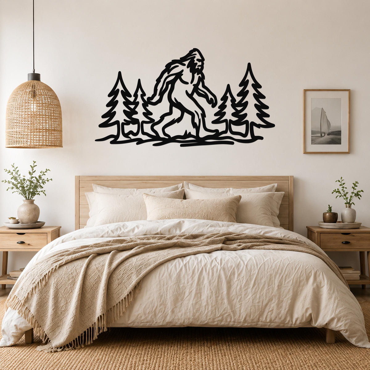 Black metal wall art silhouette of Bigfoot among pine trees, mounted above a bed in a bedroom.