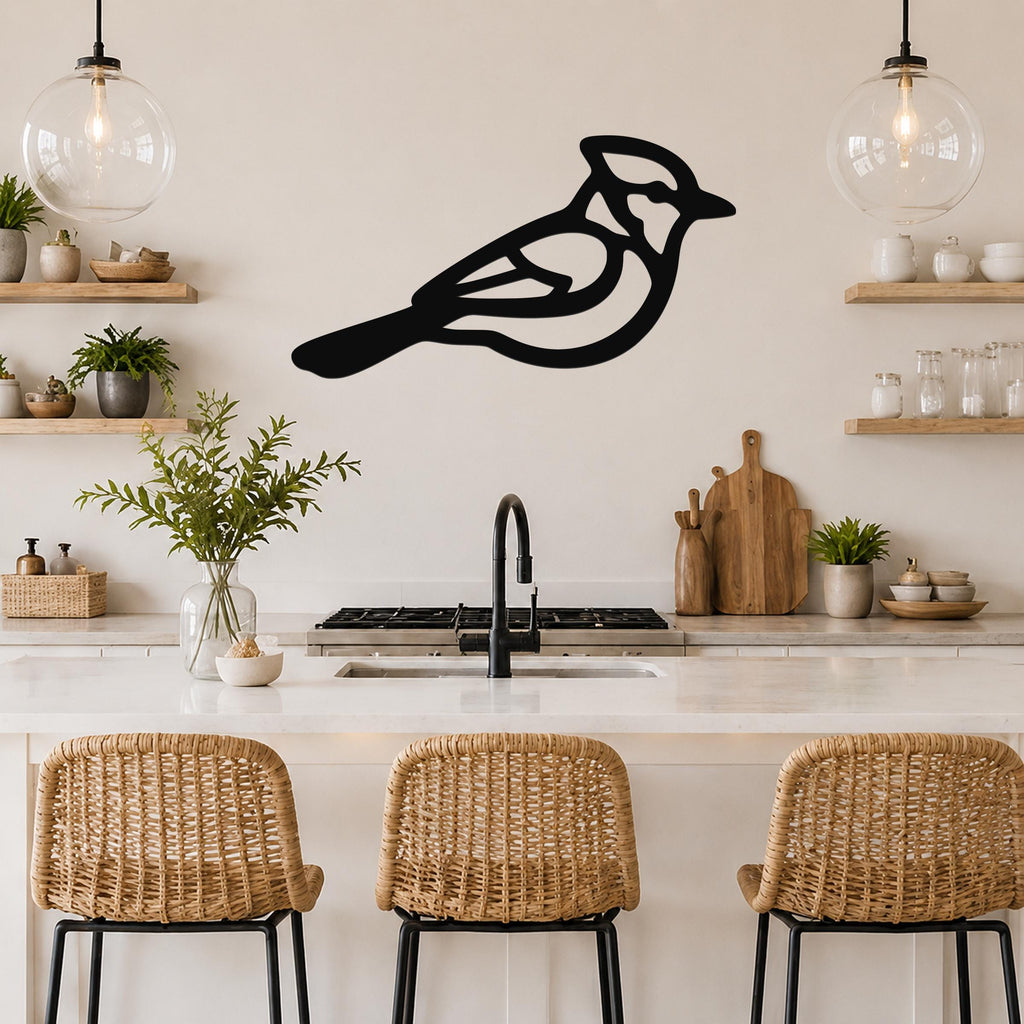 Black metal bird wall art with internal cutout details, mounted on a kitchen wall above a counter.