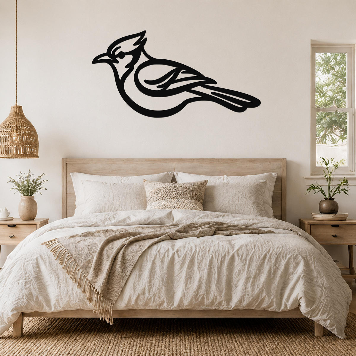 Black metal blue jay wall art silhouette mounted above a bed in a neutral bedroom.