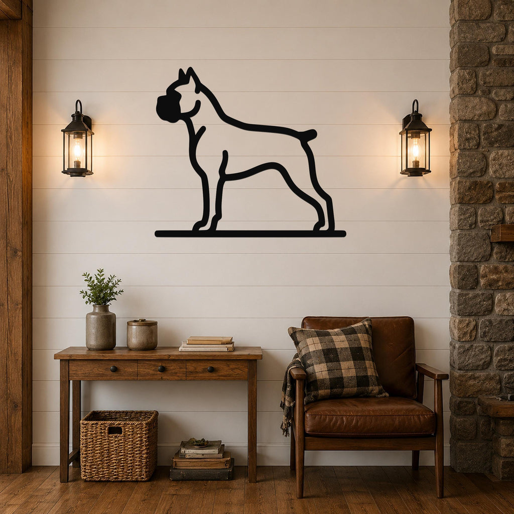 Black metal Boxer dog silhouette wall art mounted on a shiplap wall above a wooden console table in a living room.