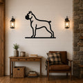 Black metal Boxer dog silhouette wall art mounted on a shiplap wall above a wooden console table in a living room.