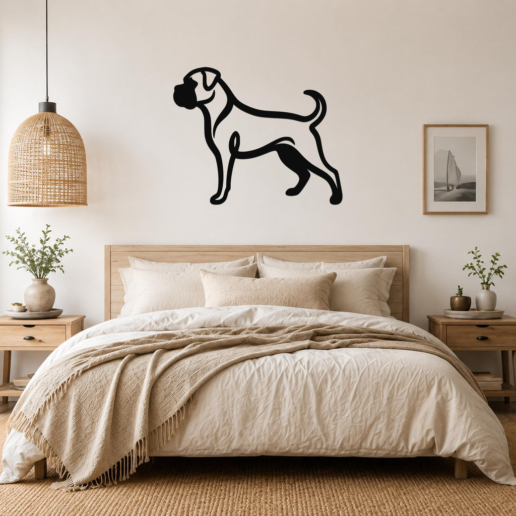 Black metal Boxer dog silhouette wall art mounted above a bed in a neutral bedroom.