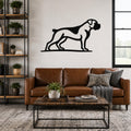 Black metal Boxer dog wall art silhouette mounted above a brown leather sofa in a living room.